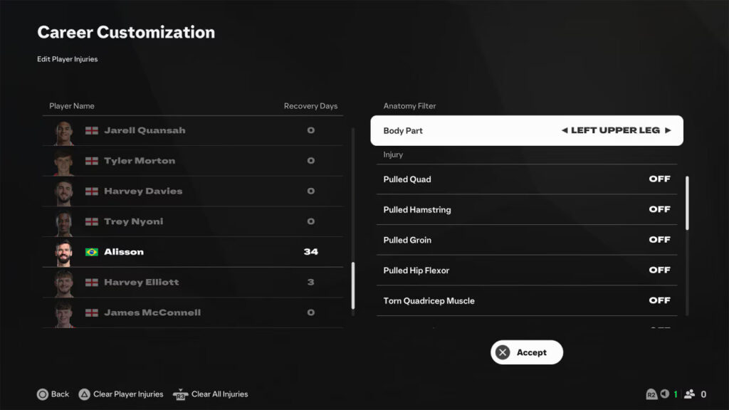 EA FC 25 Bild das zeigt, wie man Verletzungen bei Live Start Points editieren kann