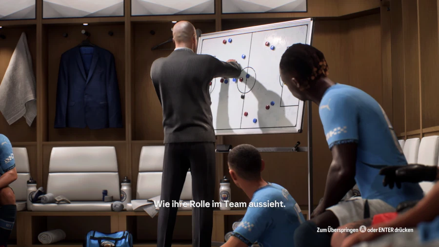 Das Bild zeigt Pep Guardiola im EA FC 25 Karrieremodus mit der Taktik für FCIQ