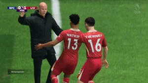 Das Bild zeigt im EA FC 25 Karrieremodus den FC Liverpool mit Trainer Arne Slot.