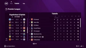 Das Bild zeigt die Tabelle der Premier League im EA FC 25 Karrieremodus.