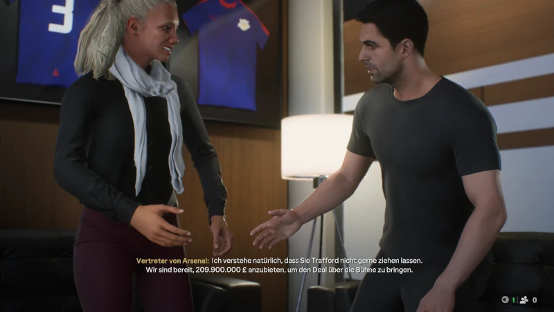 Das Bild zeigt im EA FC 25 Karrieremodus Mikel Arteta in Verhandlung mit Sarah Sol Mikström.