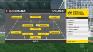 Das Bild zeigt die Aufstellung von Borussia Dortmund gegen Kiel im EA FC 25 Karrieremodus