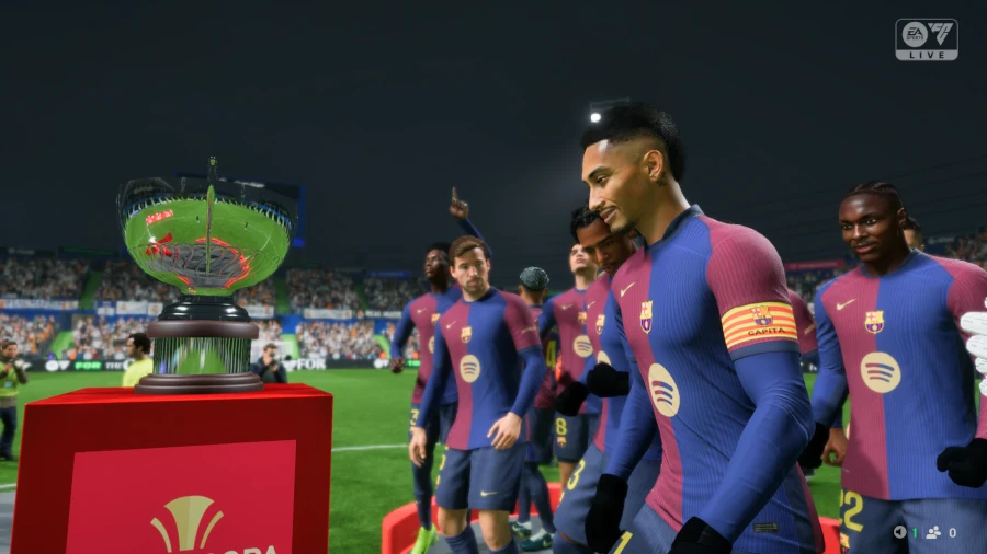 Das Bild zeigt den Sieg des FC Barcelona in der Supercoppa im EA FC 25 Karrieremodus.