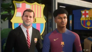 Das Bild zeigt die Ankunft von Karim Adeyemi bei Barcelona im EA FC 25 Karrieremodus.