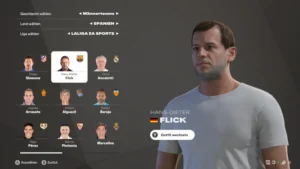 Das Bild zeigt Hansi Flick beim FC Barcleona im EA FC 25 karrieremodus.