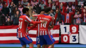 Das Bild zeigt Atletico Madrid im EA FC 25 Karrieremodus beim Sieg über den FC Barcelona.