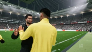 Das Bild zeigt Nuri Sahin im EA FC 25 Karrieremodus nach dem dritten Tor gegen Frankfurt.