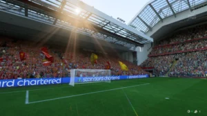 Das Bild zeigt das im EA FC 25 Karrieremodus mit Update 7 neu eingescannte Stadion Anfield Road des FC Liverpool.