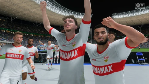Das Bild zeigt den VfB Stuttgart als Pokalsieger im EA FC 25 Karrieremodus