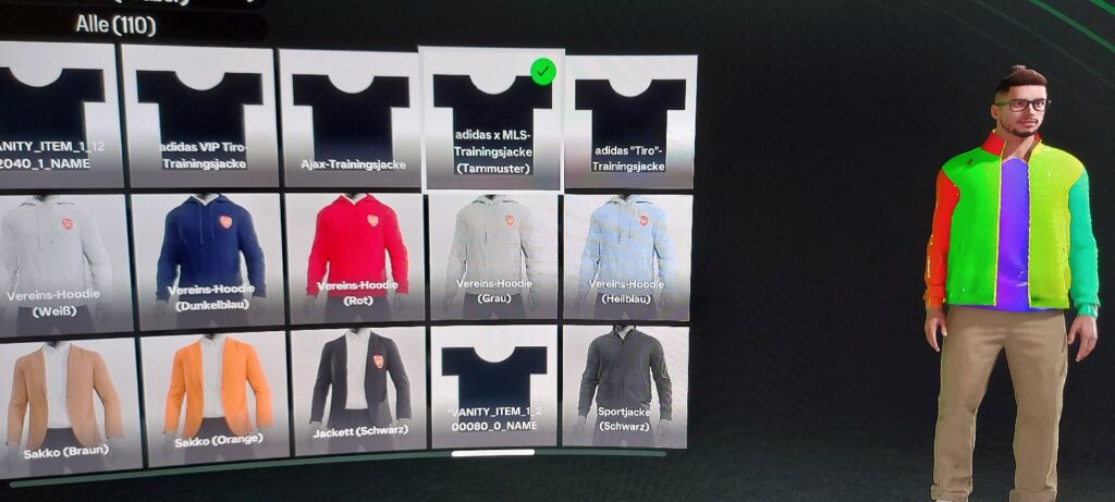 Das Bild zeigt bunte Sakkos im EA FC 25 Karrieremodus