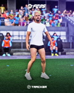 Das Bild zeigt Pep Guardiola in ungewöhnlichem Kleidungsstil im EA FC 25 Krrieremodus
