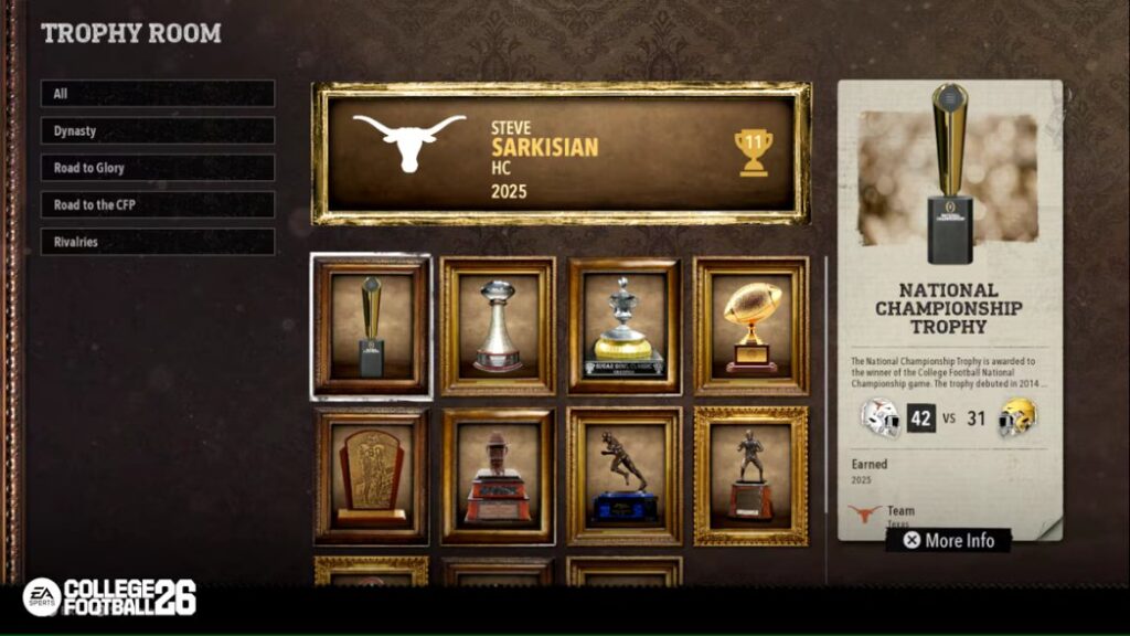So sieht der Trophäenraum aus im EA College Football 25 - ein Vorbild für den EA FC 26 Karrieremodus?