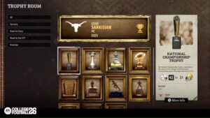 So sieht der Trophäenraum aus im EA College Football 25 - ein Vorbild für den EA FC 26 Karrieremodus?