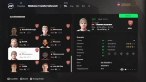 Das Bild zeigt einen Regen im EA FC 25 Karrieremodus, der mit dynamischem Potenzial die 90 beim FC Arsenal erreicht hat.