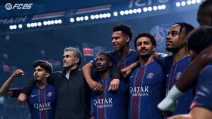 Das Bild zeigt die Spieler von Paris Saint-Germain im EA FC 26 Karrieremodus